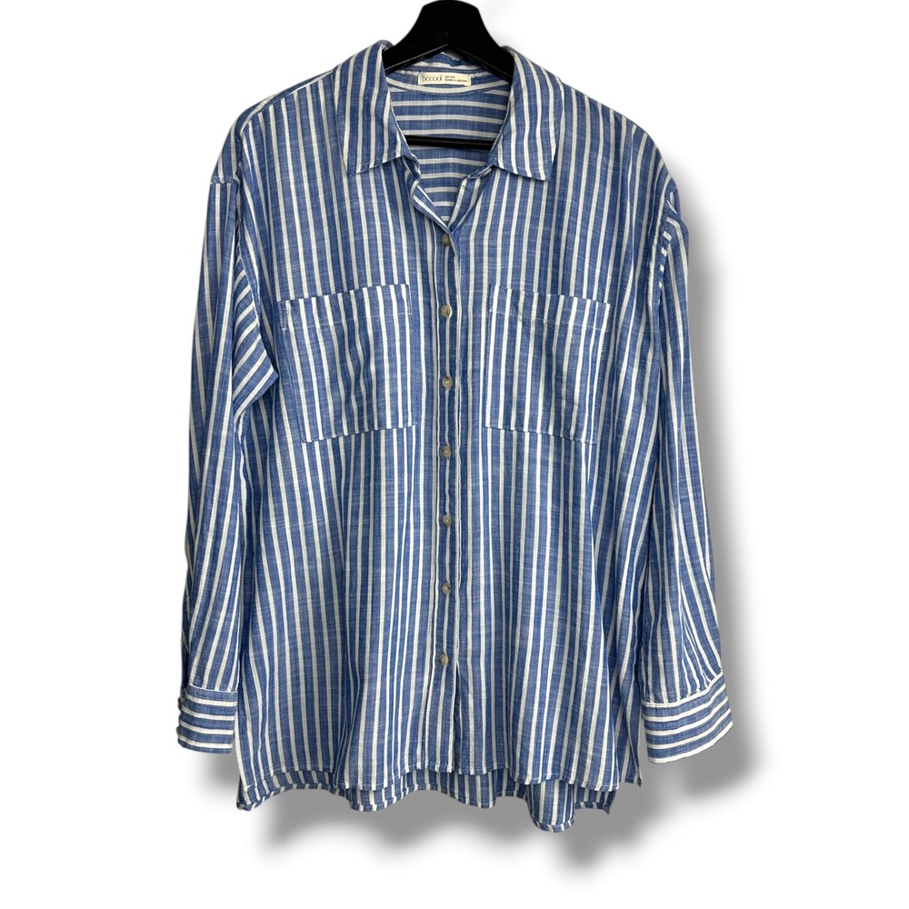 Becool Button Down Shirt Womens M/L Blue White Striped Long Sleeve Relaxed Fit